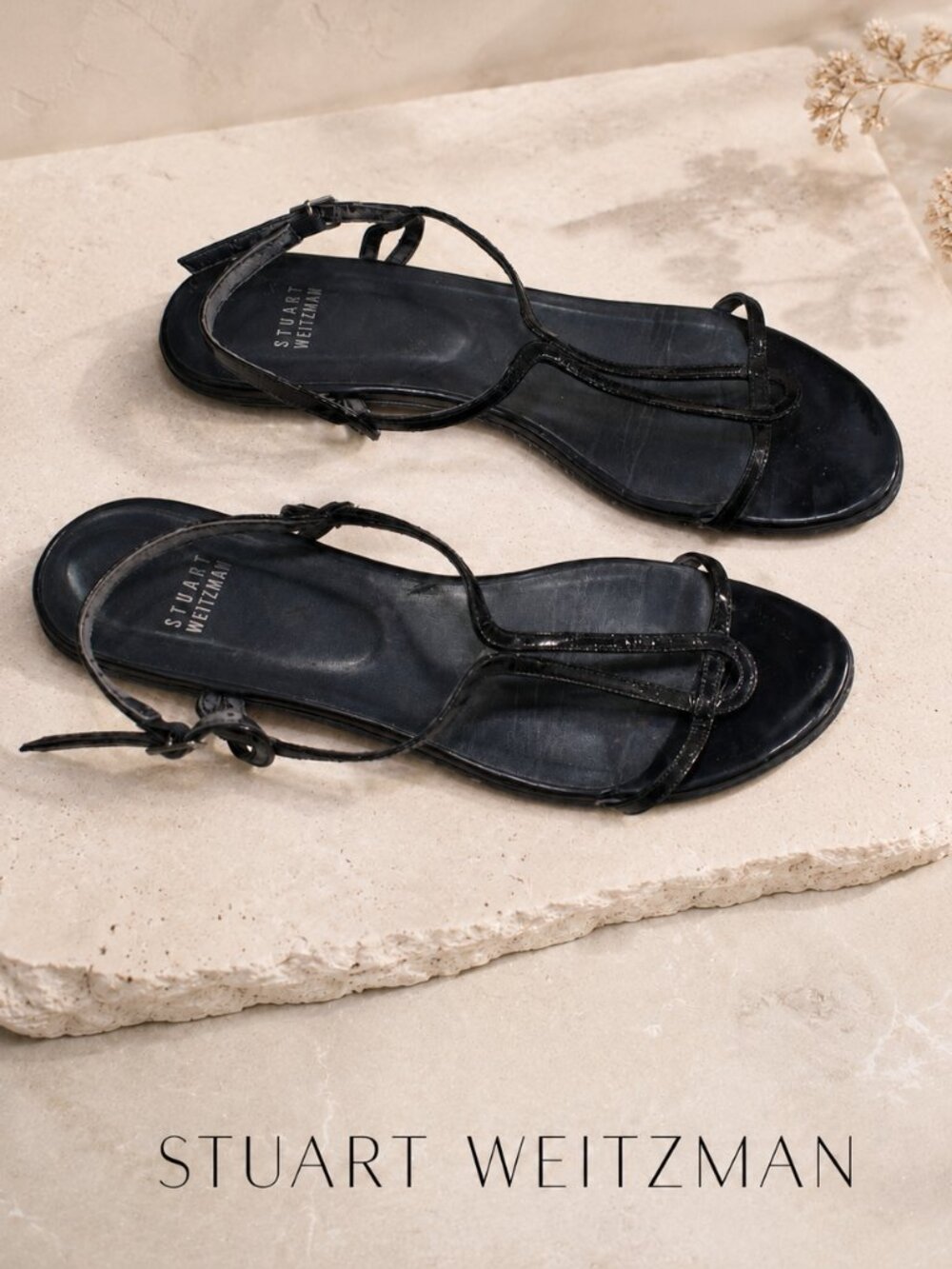 Stuart Weitzman Black Patent Leather Strappy Sandals Size 8.5 Low Heel Classic